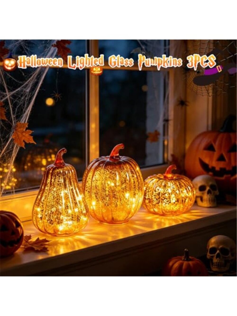 3 Pcs Mercury Glass Pumpkin Lights with Timer Pumpkins Lamps Tabletop Decor - Picture 5 of 5